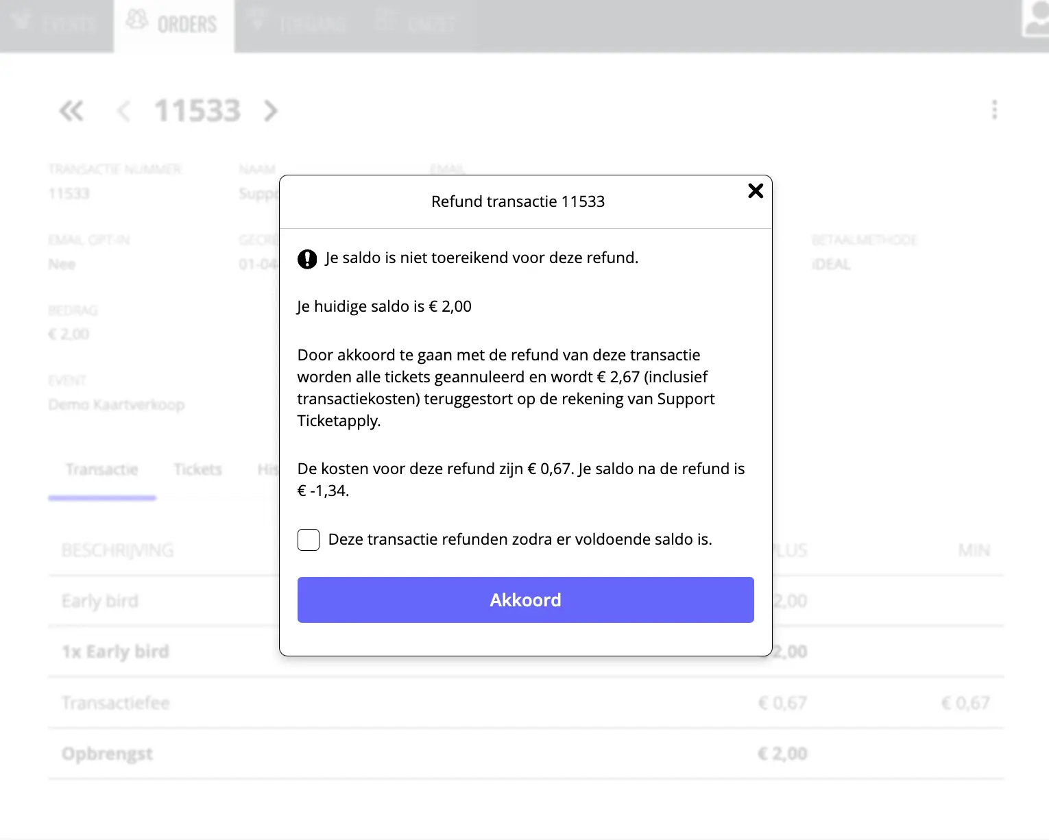 Kan ik een order zonder boeksaldo refunden?